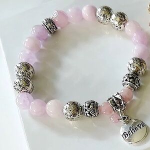 Believe Silver Tone Lava Bead Gemstone Bracelet with Inspirational Charm New